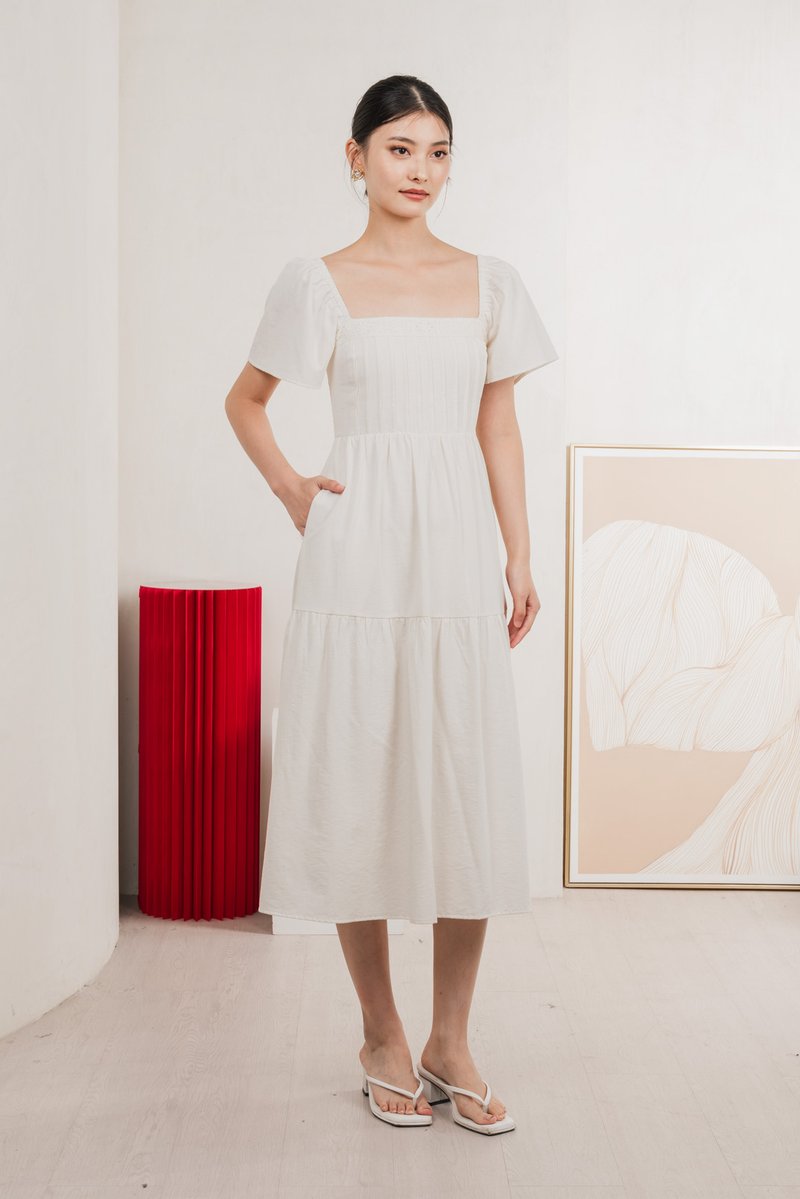 Jacqueline Crochet Pleated Midi Dress In Soft Ivory