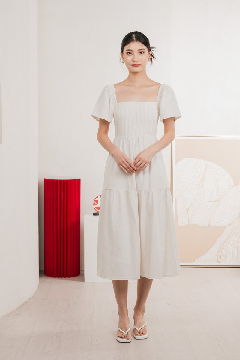 Jacqueline Crochet Pleated Midi Dress In Soft Ivory