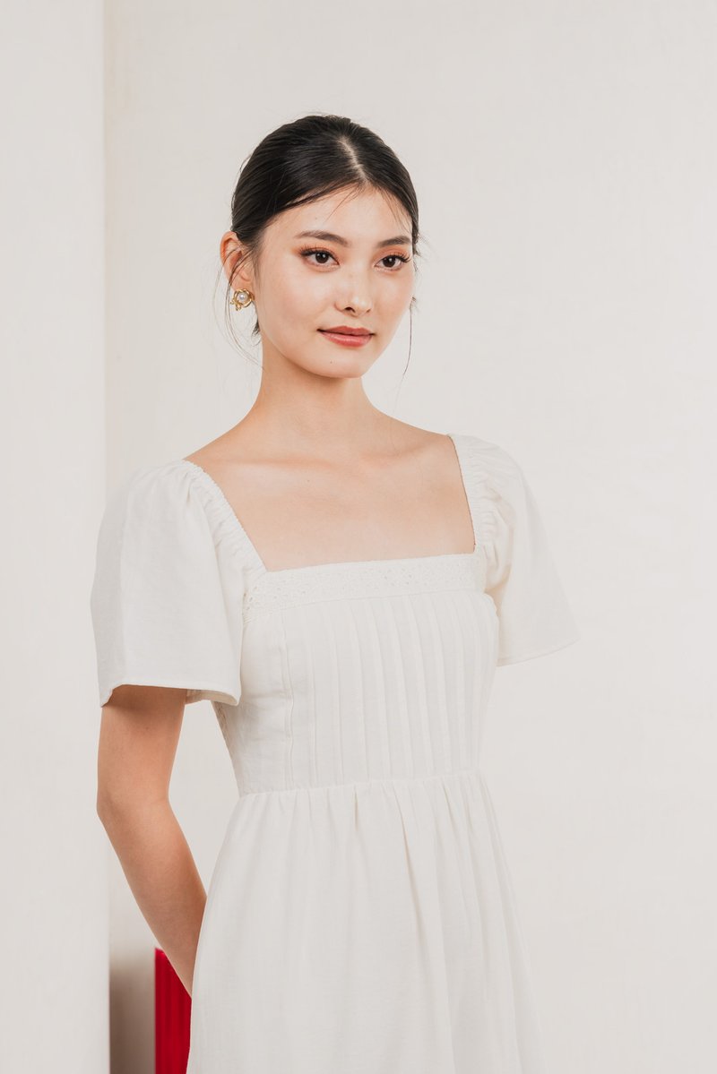 Jacqueline Crochet Pleated Midi Dress In Soft Ivory