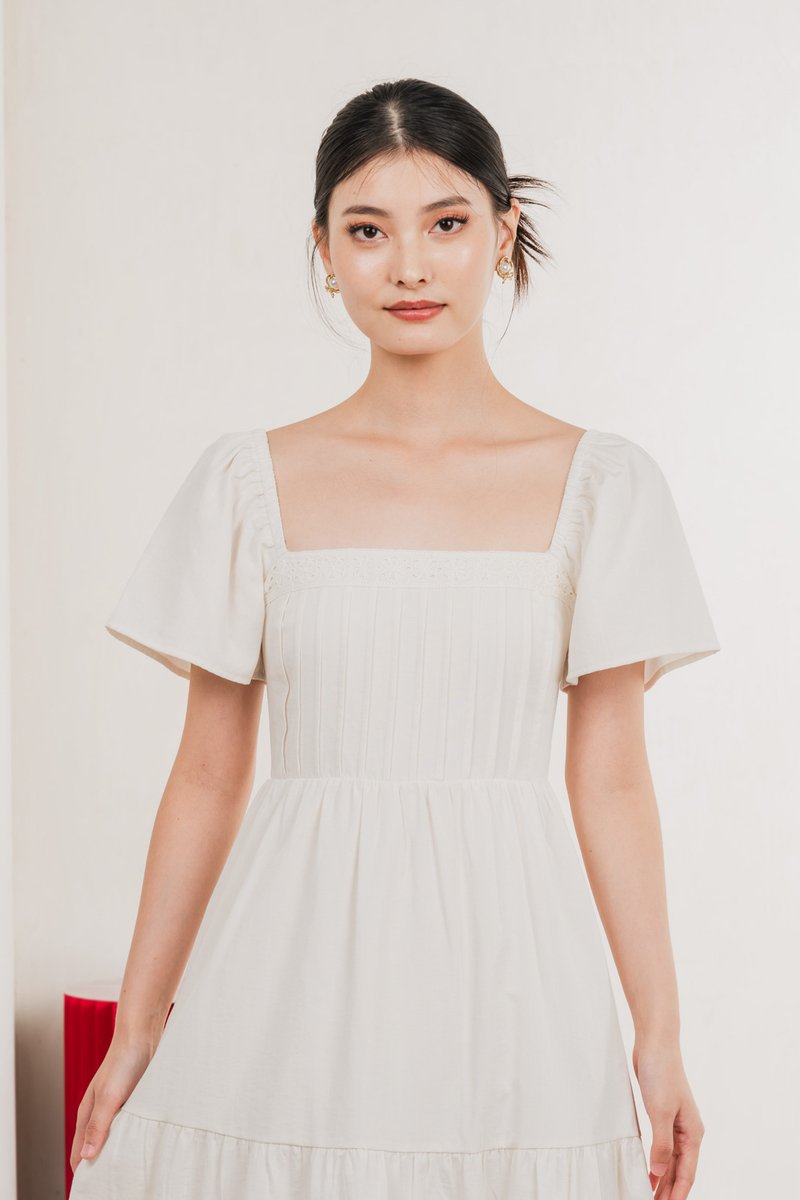 Jacqueline Crochet Pleated Midi Dress In Soft Ivory