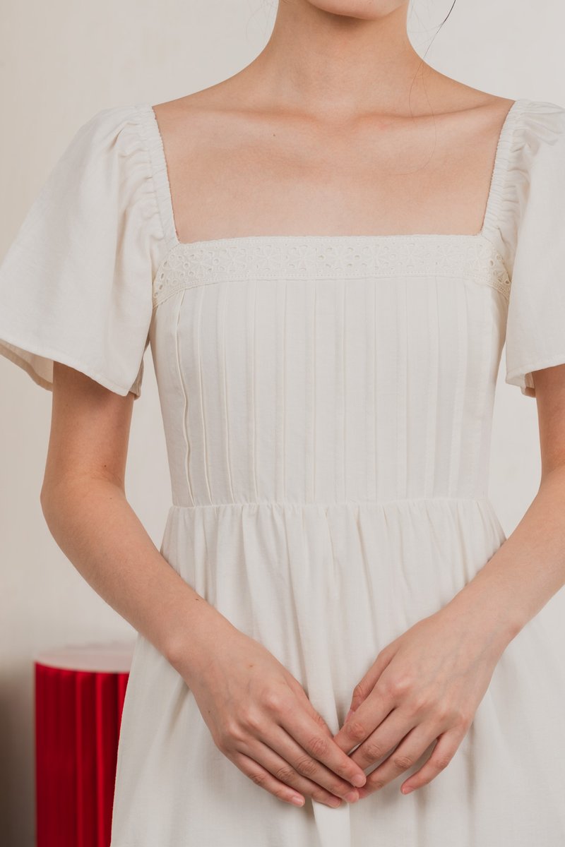 Jacqueline Crochet Pleated Midi Dress In Soft Ivory