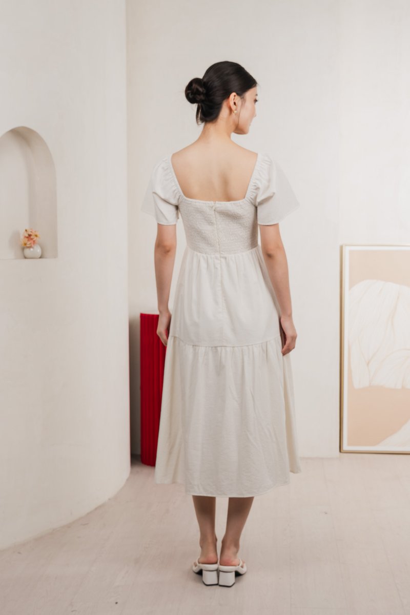 Jacqueline Crochet Pleated Midi Dress In Soft Ivory