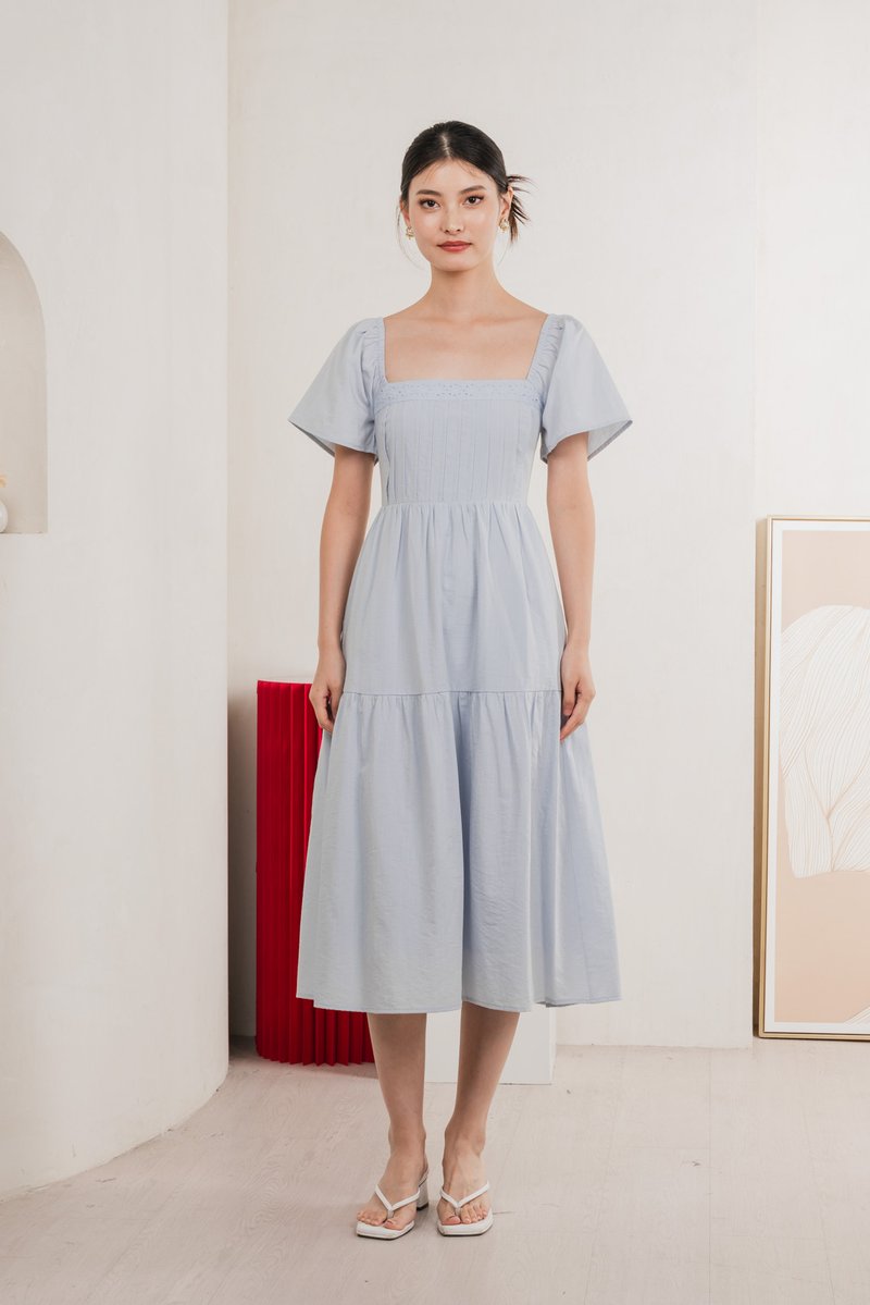 Jacqueline Crochet Pleated Midi Dress In Winter Blue