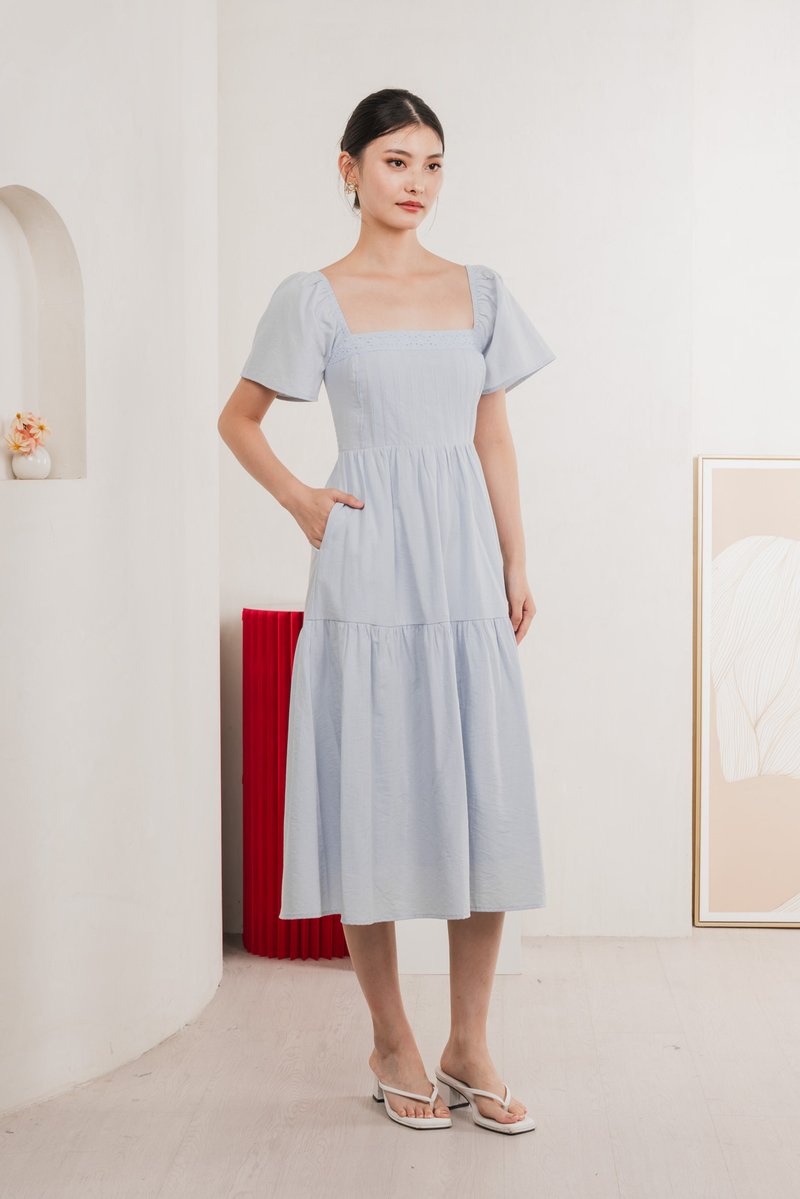 Jacqueline Crochet Pleated Midi Dress In Winter Blue
