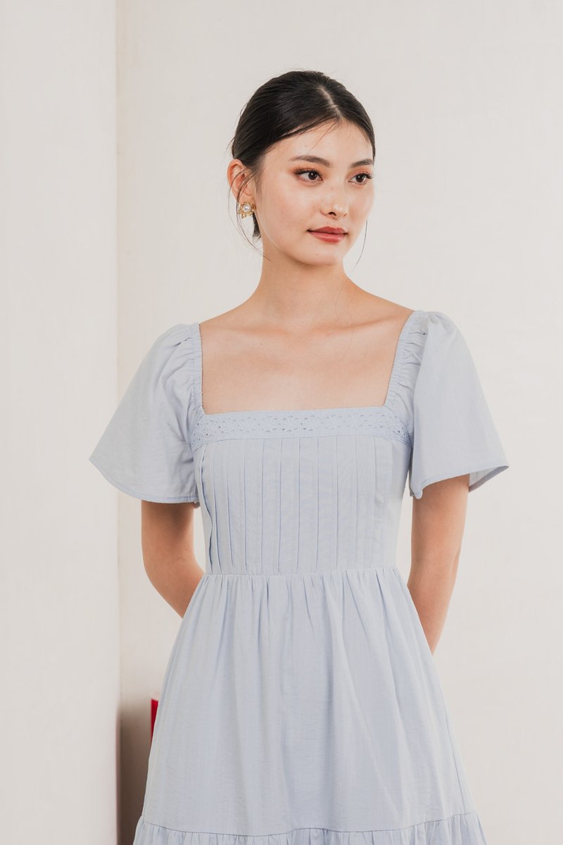 Jacqueline Crochet Pleated Midi Dress In Winter Blue