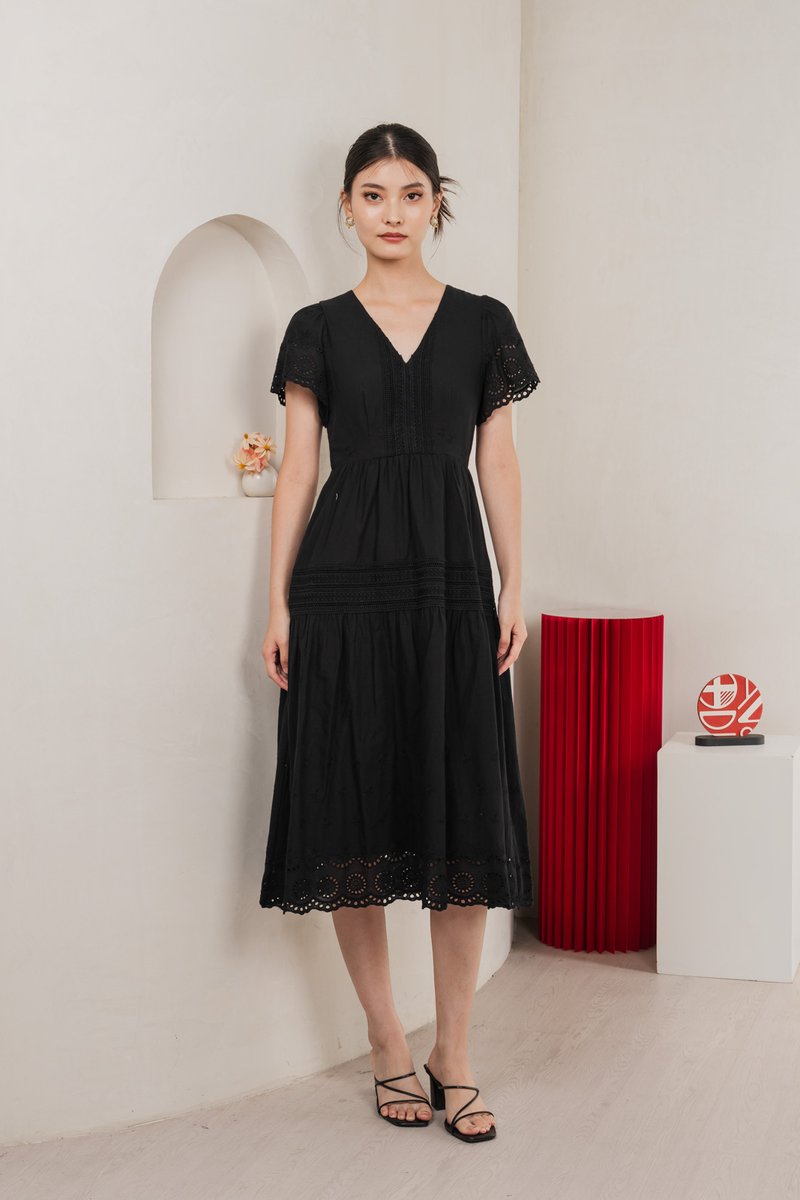 Kathryn Crochet Eyelet Midi Dress In Black (XS)