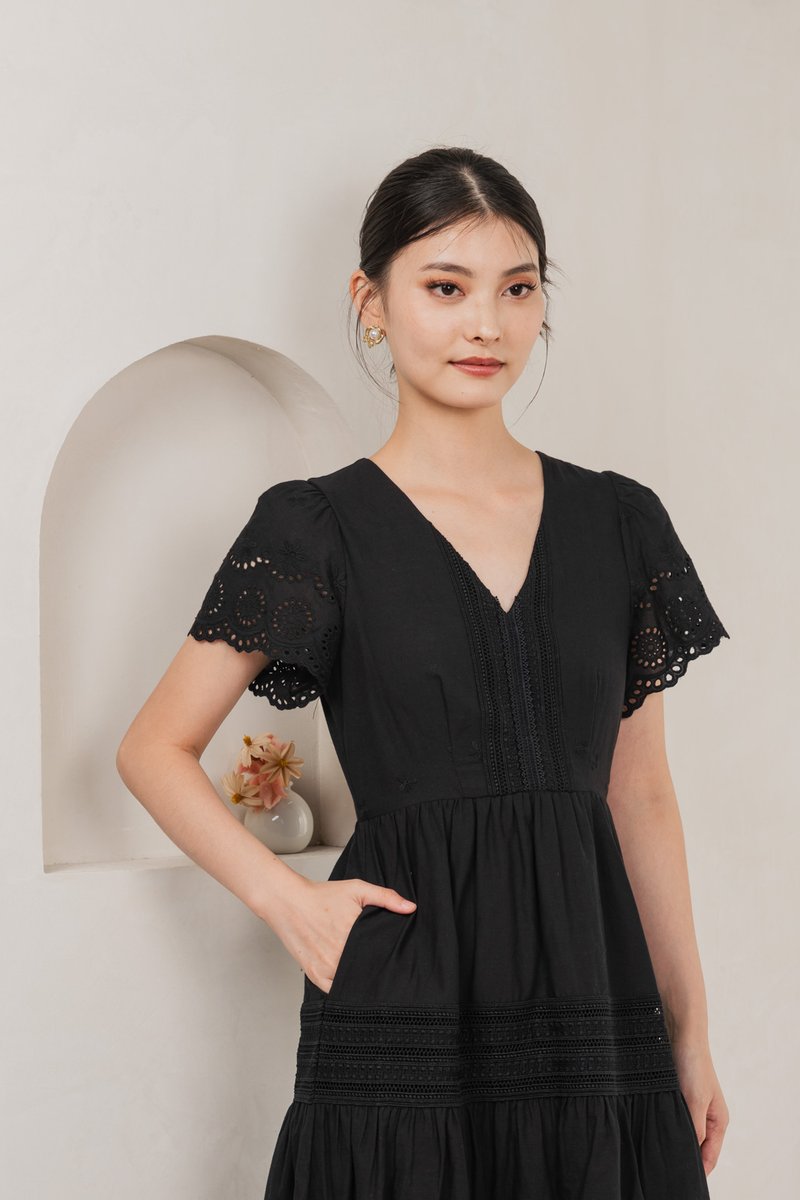 Kathryn Crochet Eyelet Midi Dress In Black (XS)