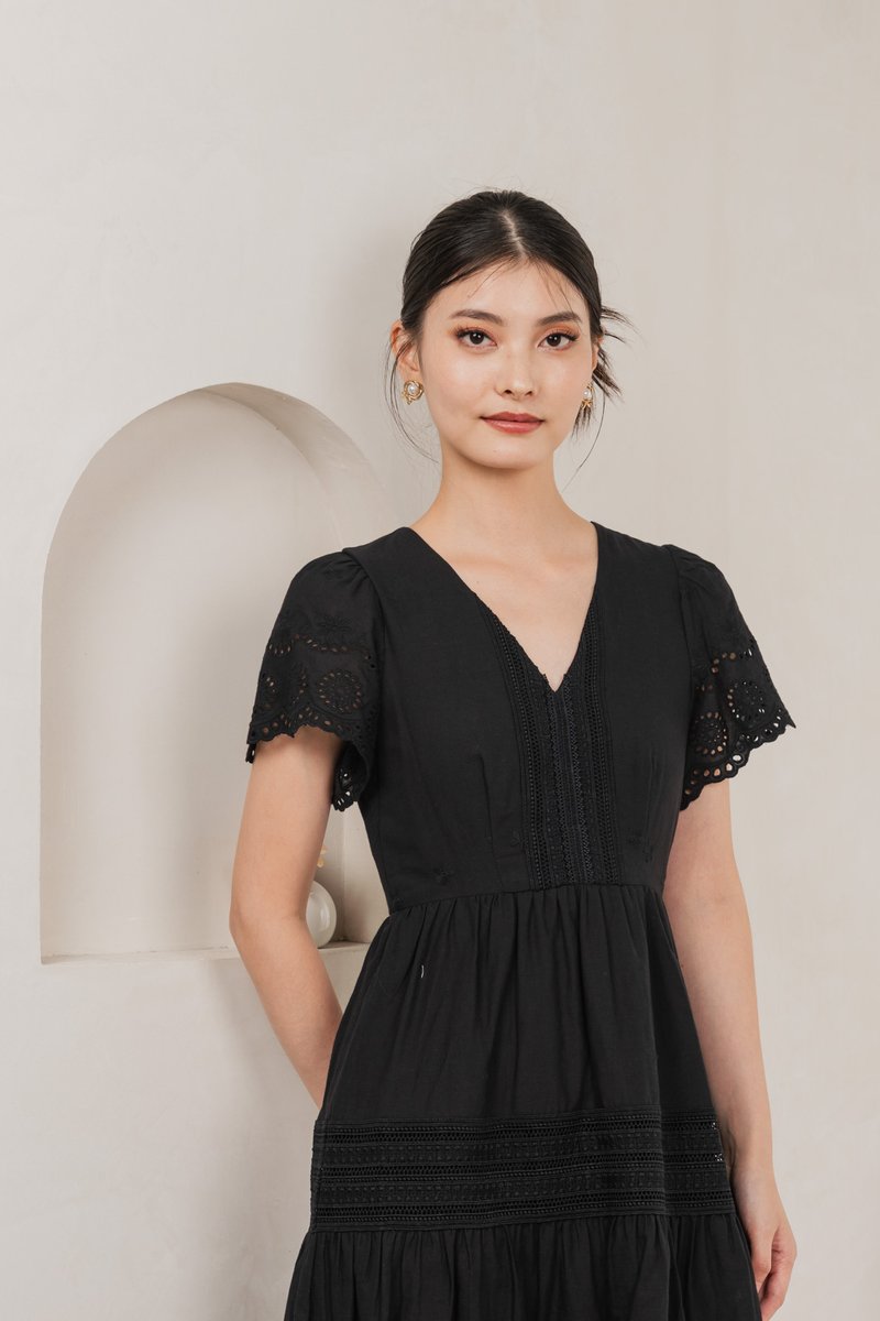 Kathryn Crochet Eyelet Midi Dress In Black (XS)