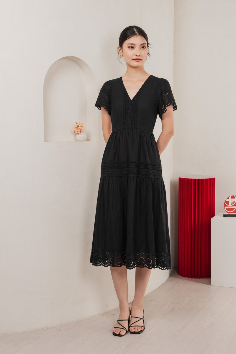 Kathryn Crochet Eyelet Midi Dress In Black (XS)
