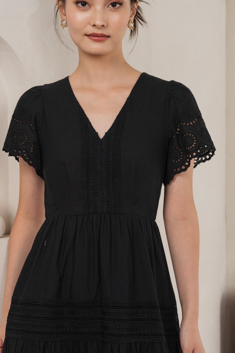 Kathryn Crochet Eyelet Midi Dress In Black (XS)