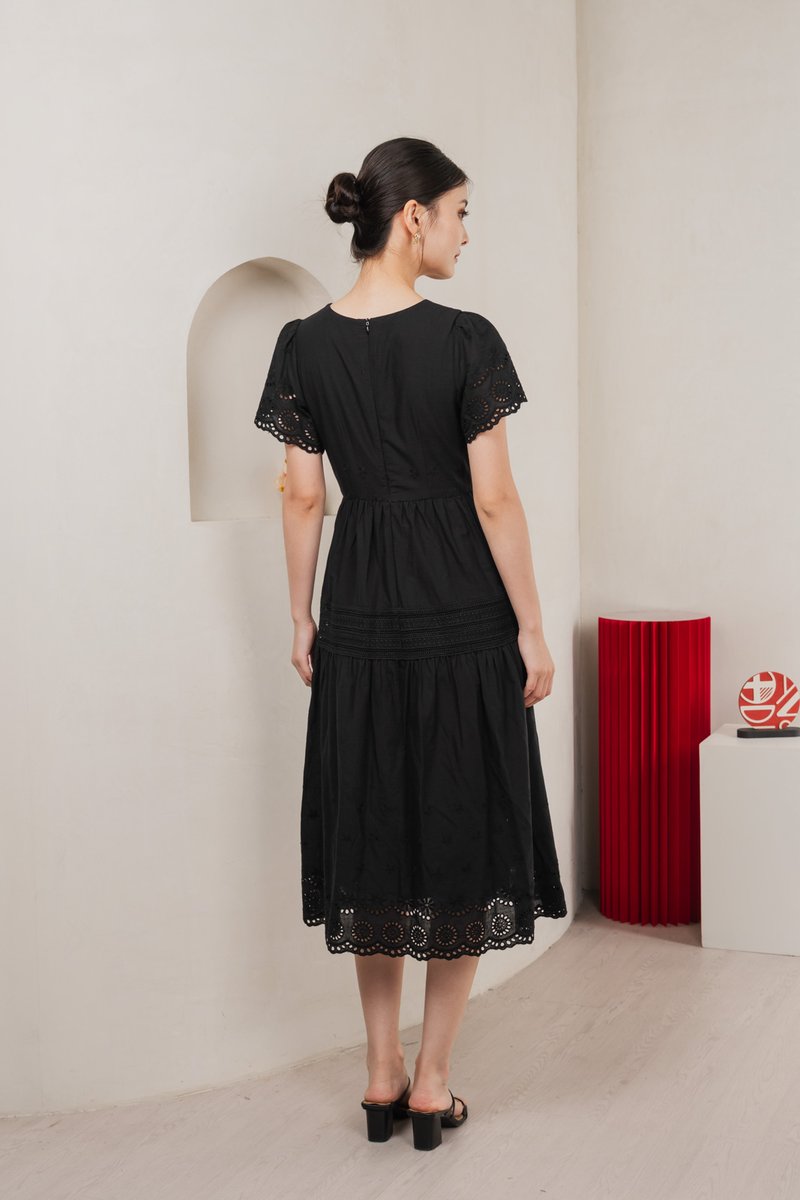 Kathryn Crochet Eyelet Midi Dress In Black (XS)