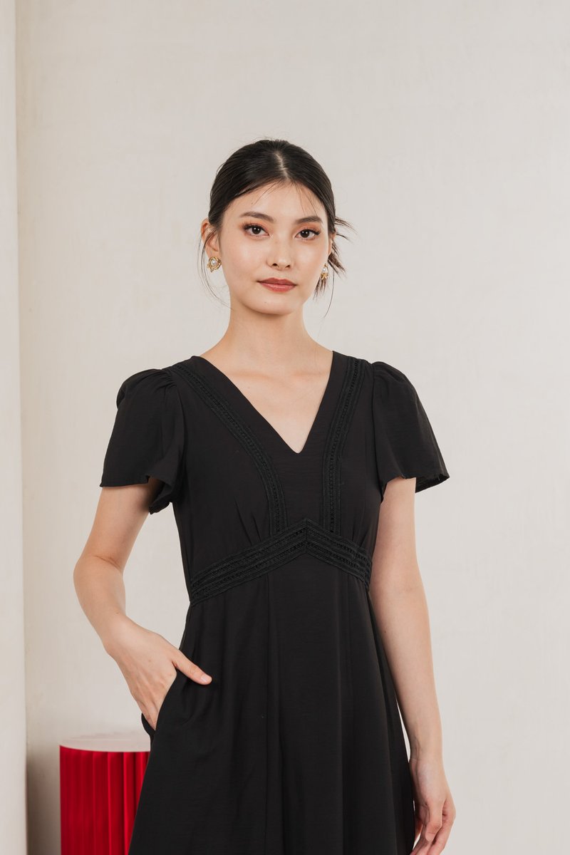 Remi Crochet Flare Sleeve Midi Dress In Black