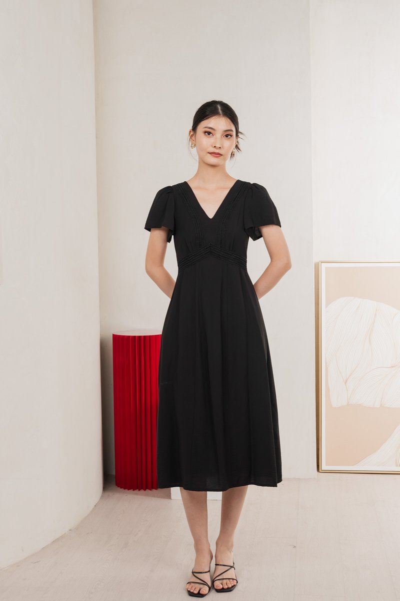 Remi Crochet Flare Sleeve Midi Dress In Black