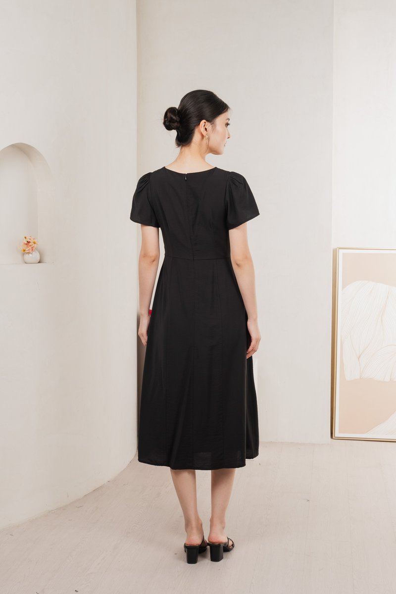 Remi Crochet Flare Sleeve Midi Dress In Black
