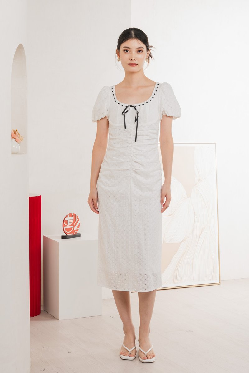 Rose Ruched Ribbonette Midi Dress In White