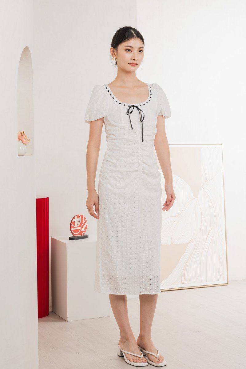 Rose Ruched Ribbonette Midi Dress In White