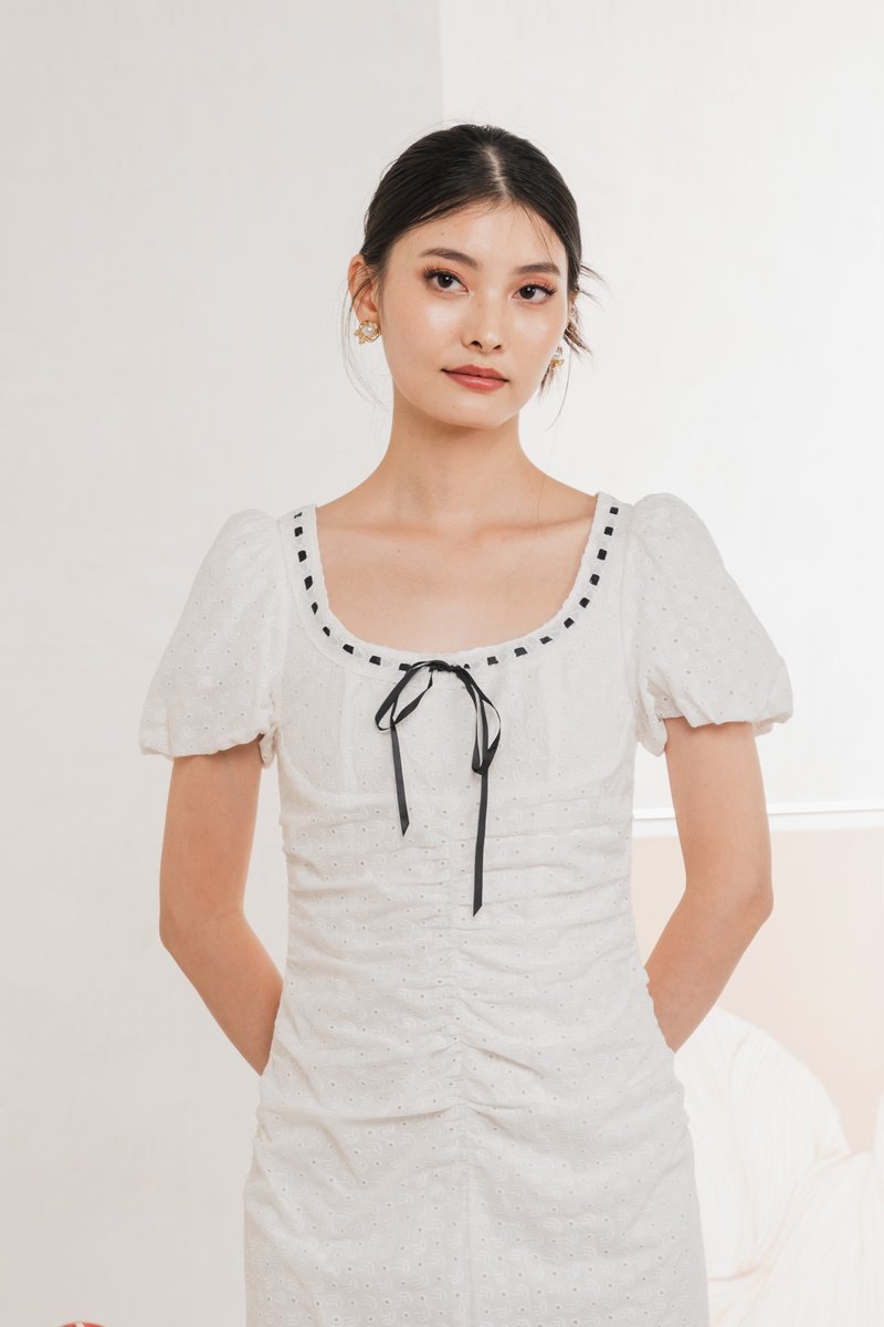Rose Ruched Ribbonette Midi Dress In White