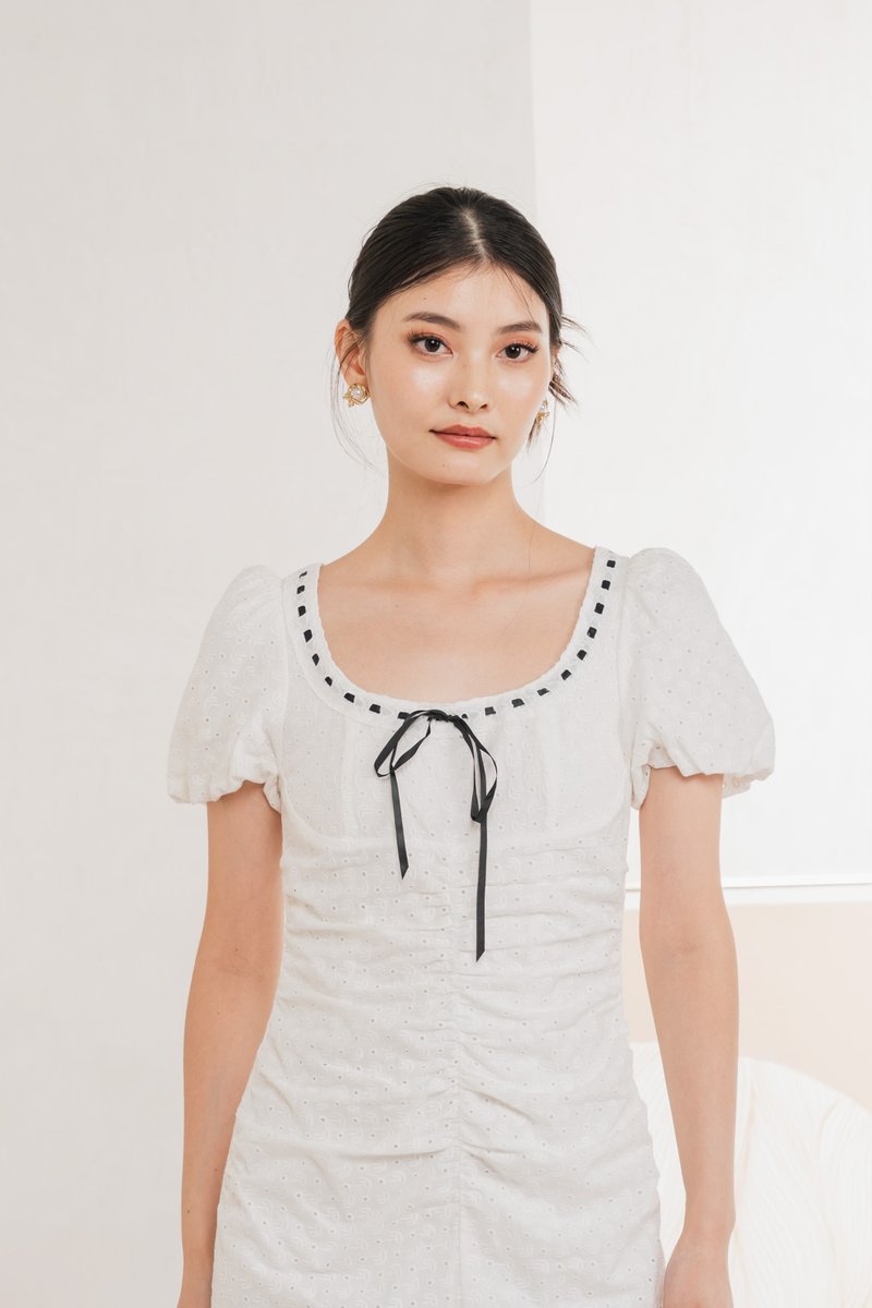 Rose Ruched Ribbonette Midi Dress In White