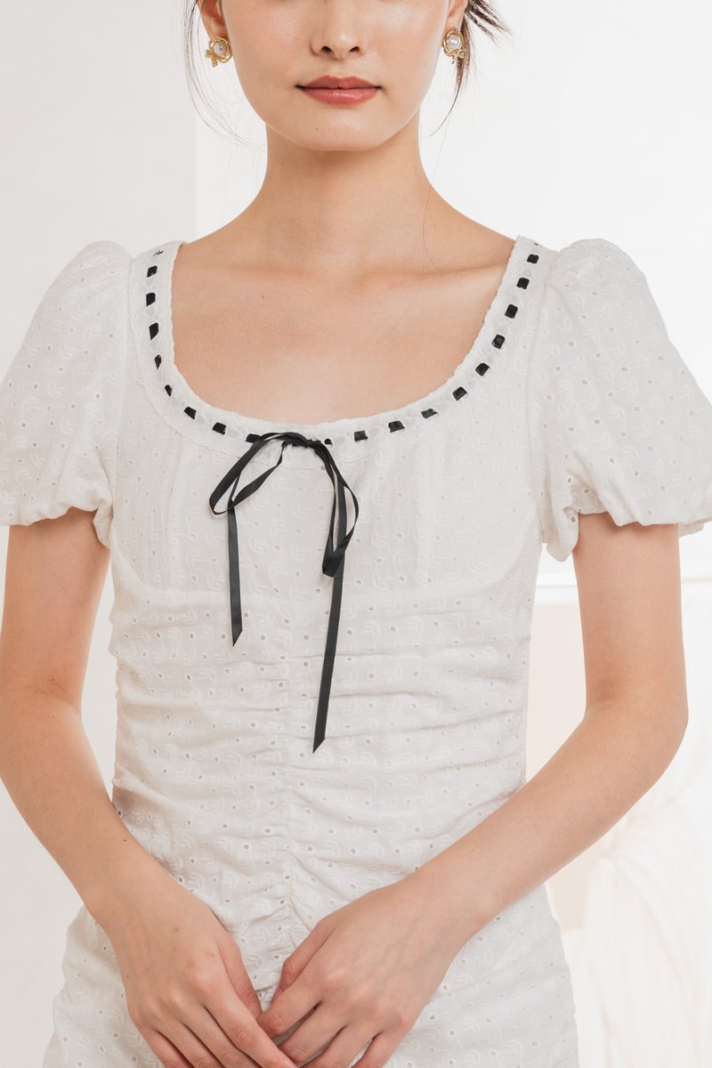 Rose Ruched Ribbonette Midi Dress In White