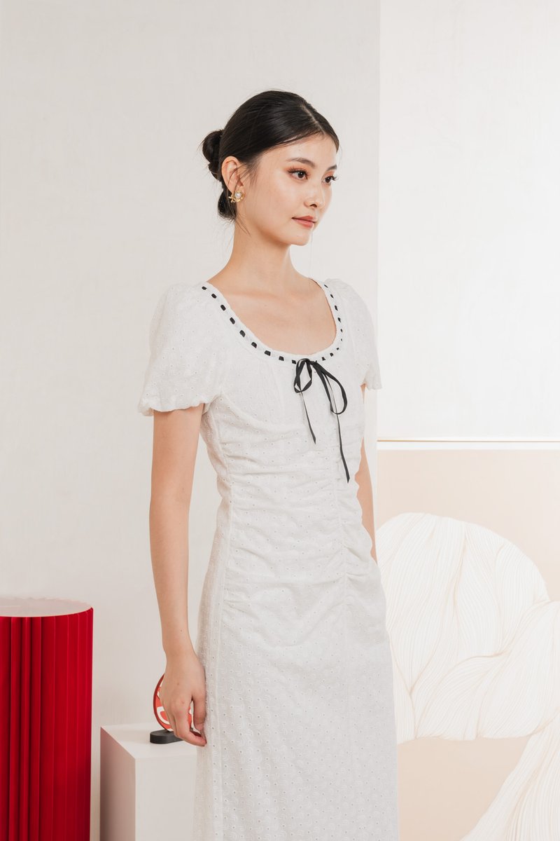 Rose Ruched Ribbonette Midi Dress In White