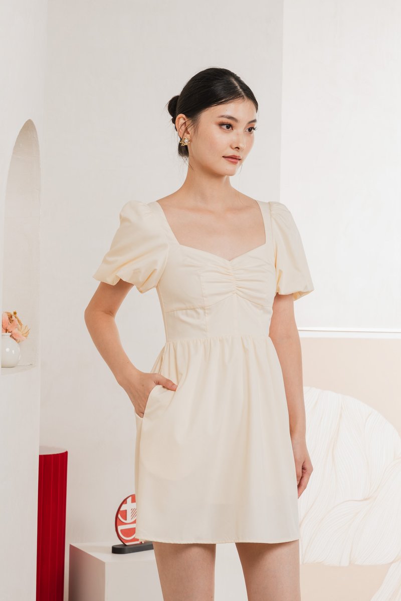 Mimosa Puff Sleeves Dress Romper In Cream