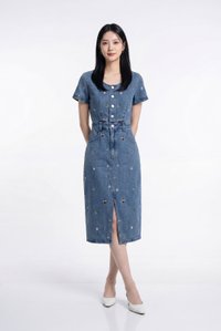 Kimmy Denim Button Embroidery Midi Dress In Dark Wash