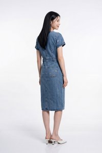 Kimmy Denim Button Embroidery Midi Dress In Dark Wash