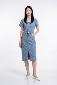Kimmy Denim Button Embroidery Midi Dress In Light Wash