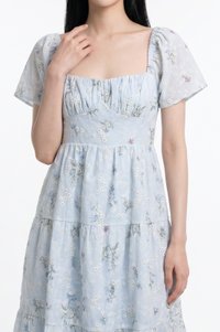 Aaira Embroidery Ruched Tiered Midi Dress In Light Blue (XS)