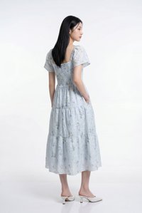 Aaira Embroidery Ruched Tiered Midi Dress In Light Blue (XS)