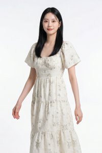 Aaira Embroidery Ruched Tiered Midi Dress In Cream
