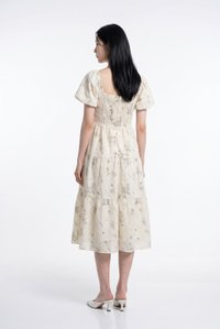 Aaira Embroidery Ruched Tiered Midi Dress In Cream