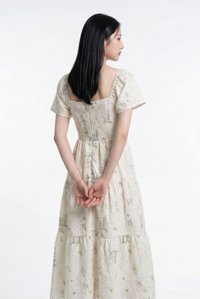 Aaira Embroidery Ruched Tiered Midi Dress In Cream