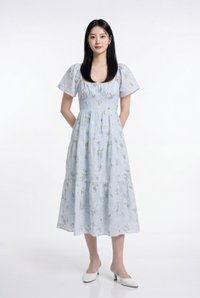 Aaira Embroidery Ruched Tiered Midi Dress In Light Blue (XS)