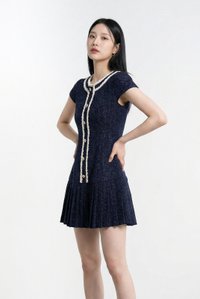 Lucia Tweed Pleated Button Dress In Navy