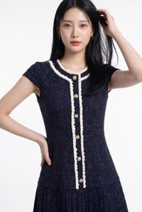 Lucia Tweed Pleated Button Dress In Navy