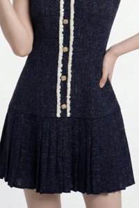 Lucia Tweed Pleated Button Dress In Navy