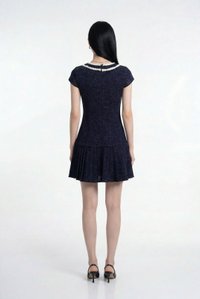 Lucia Tweed Pleated Button Dress In Navy