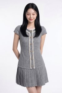 Lucia Tweed Pleated Button Dress In Grey