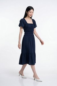 Maren Smocked Ruffles Midi Dress in Navy