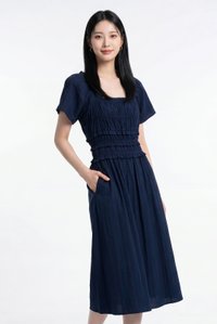 Maren Smocked Ruffles Midi Dress in Navy