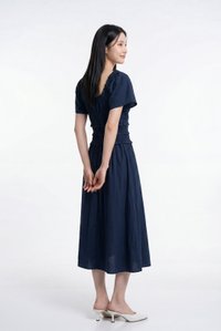 Maren Smocked Ruffles Midi Dress in Navy