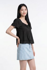 Alora Pleated Crochet Top in Black