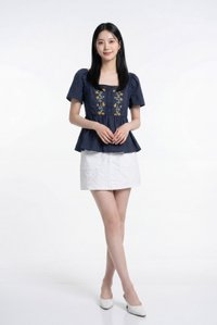 Adeline Embroidered Floral Top in Navy