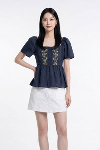 Adeline Embroidered Floral Top in Navy