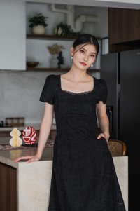 Elora Eyelet Crochet Midi Dress In Black