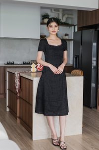 Elora Eyelet Crochet Midi Dress In Black