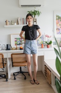 Phoebe Mixed Fabric Button Top In Black