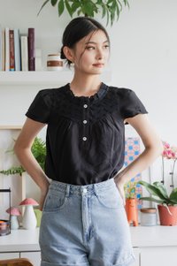 Phoebe Mixed Fabric Button Top In Black
