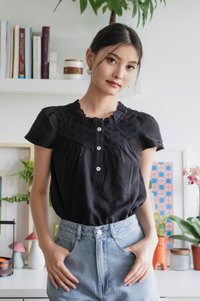 Phoebe Mixed Fabric Button Top In Black